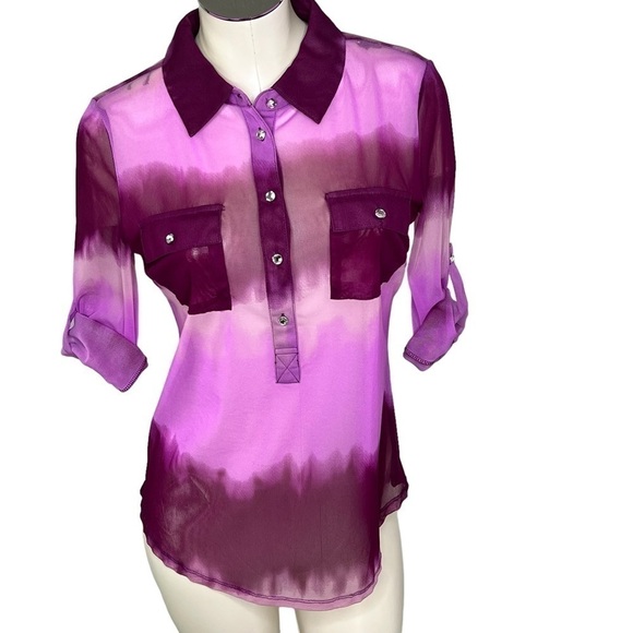 INC International Concepts Sheer Purple Tie Dye Rhinestone Button Top Women M - Picture 4 of 13